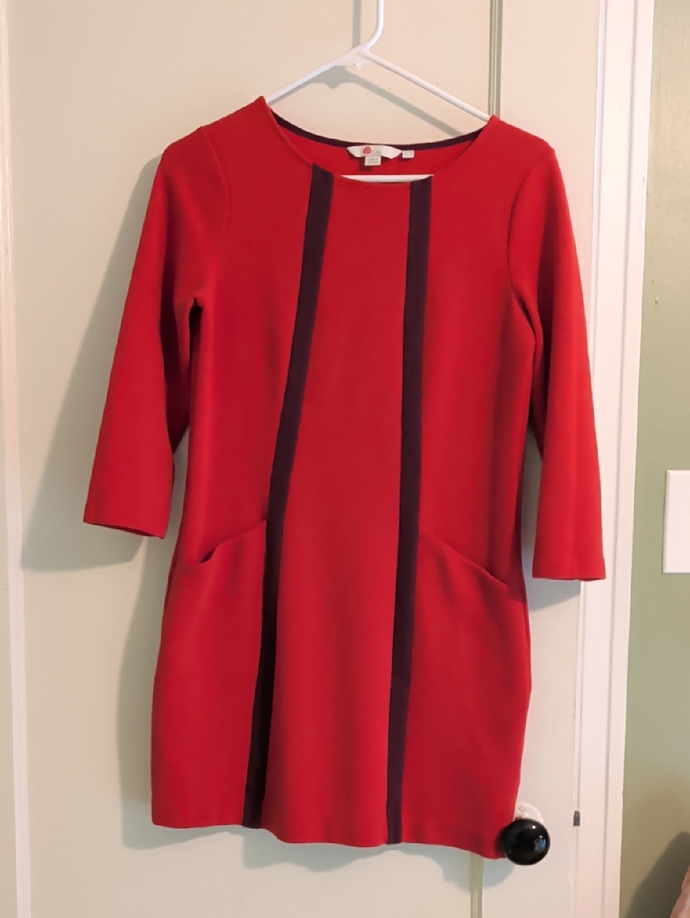 Boden Red Long-Sleeve Shift Dress with Black Contrast Stripes